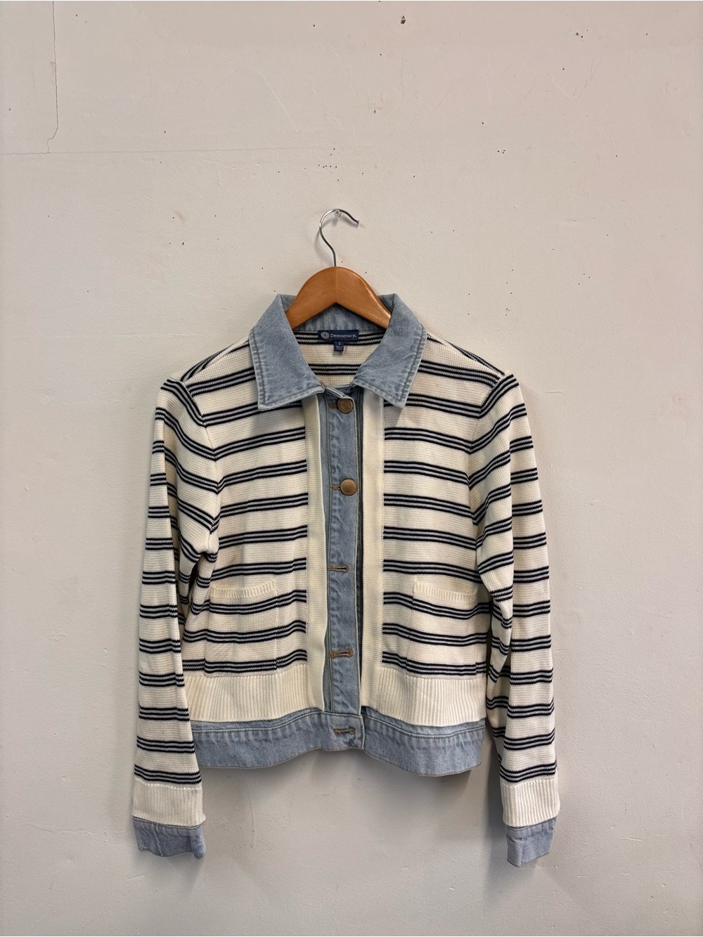 Democracy Cream & Navy Striped Knit Jacket with Denim Trim